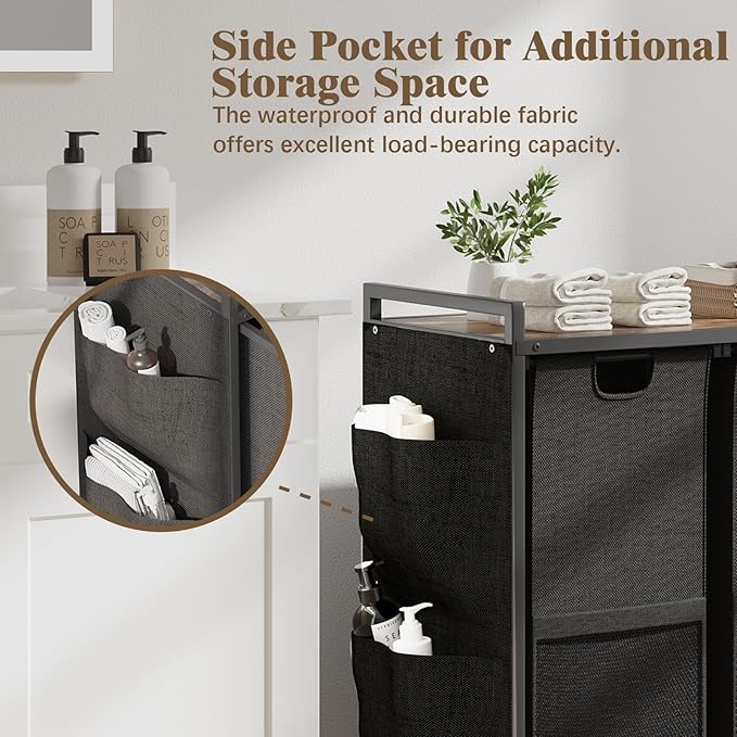 Laundry Hamper, Laundry Basket, Laundry Sorter with Top Shelf & 3 Removable Washable Bags & Side Pockets for Laundry Room organization, Bathroom and Dorm, Rustic Brown and Black