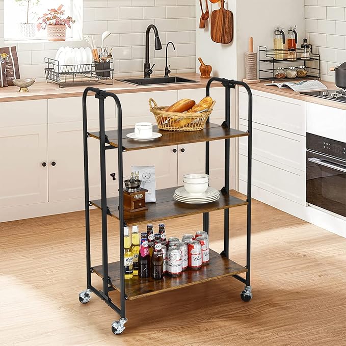 Giantex Foldable Storage Shelves with Wheels, No Assembly 3-Tier Rolling Cart, 2 of The Wheels Have Locks, Microwave Utility Cart Baker Rack, Portable Storage Rack w/Metal Frame, for Kitchen, RV