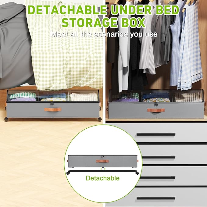 Under Bed Storage with Wheels, 2 Pack Under Bed Storage Containers with Dividers & Clear Lids, Under the bed storage Organizer Bins,Underbed Storage with Wheels for Clothes,Toys,Shoes (GREY)