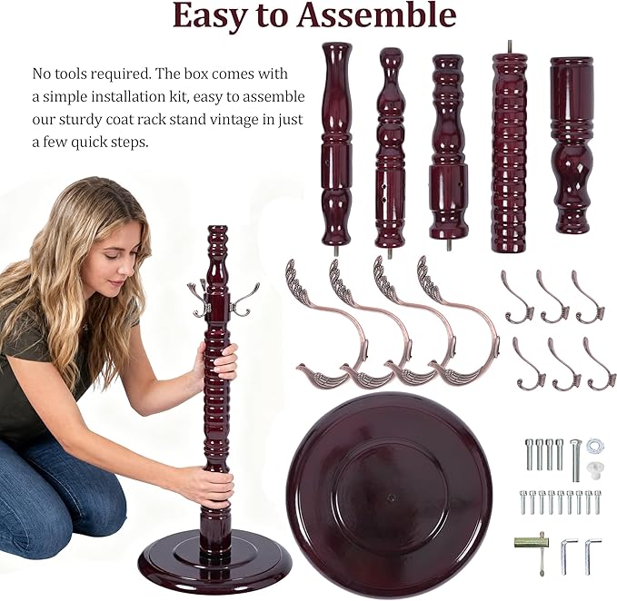 73" Wooden Coat Rack Freestanding, Coat Rack Stand With 18 Hooks And Round Solid Wood Base，Adjustable Height, Easy To Assemble For Entrance Hallway Office Living Room Bedroom (Metal)