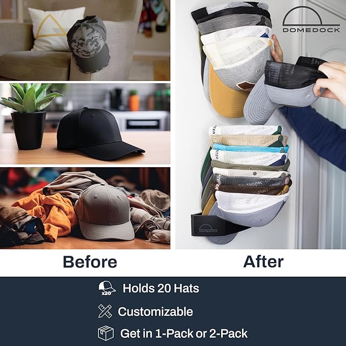 Dome Dock The Original USA-Made Hat Rack and Compact Hat Organizer for Wall Installation, 20 Hat Capacity, White (2 Pack)