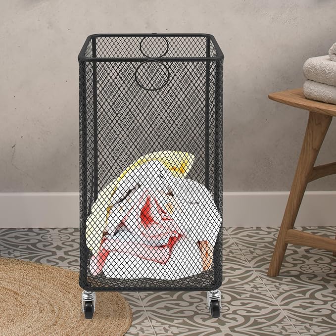 Laundry Basket on Wheels, Large Rolling Laundry Hampers, Stackable Storage Cart with Handles Removable Wire Organizer Baskets Clothing Sorting Rack (Black, Square)