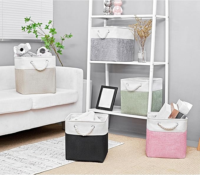 Cube Storage Bins, Collapsible Fabric Storage Cubes Bins, 11 Inch Cube Storage Bins with Handles, Foldable Storage Cubes (White/Black, 6Pack)