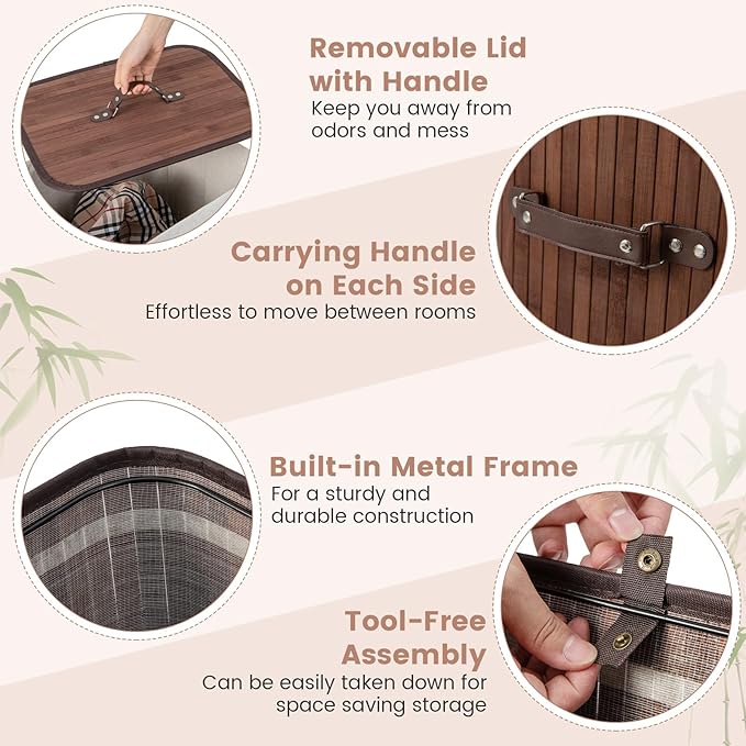 Giantex Bamboo Laundry Hamper with Lid, 72L Large & Tall Clothes Hamper with Removable Liner & Handles, Rectangular Laundry Basket for Small Spaces, Laundry Room, Bedroom (Brown)