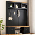 Hall Tree with Wood Grain Bench and Top, Farmhouse 4-in-1 Hall Tree with Black Hooks and Shell Handles, Multifunctional Wood Coat Rack with Adjustable Shelves for Hallway, Living Room (Black/153)
