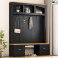 Farmhouse 4-in-1 Hall Tree with 4 Hooks and Top Open Storage Shelves, Wood Entryway Coat Hanger with Storage Bench and Wood Grain Top, Versatile Coat Rack for Entrance Hallway (Black-9.11)