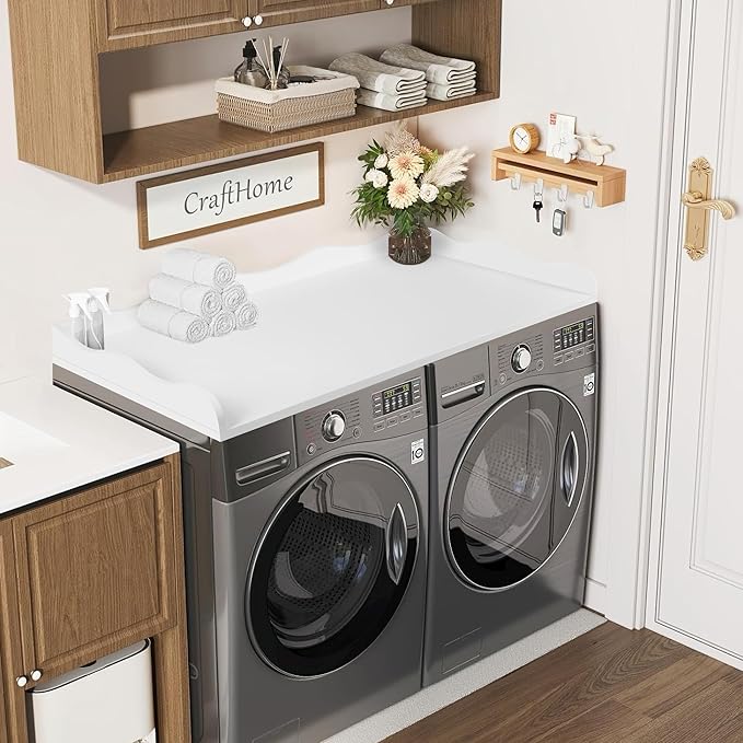 Washer Dryer Countertop,54''X27.6'' Wave Edge Wood Shelf Topper with Anti-Slip Patches,Laundry Room Washer and Dryer Laundries Hamper Counter Storage Organization (White)