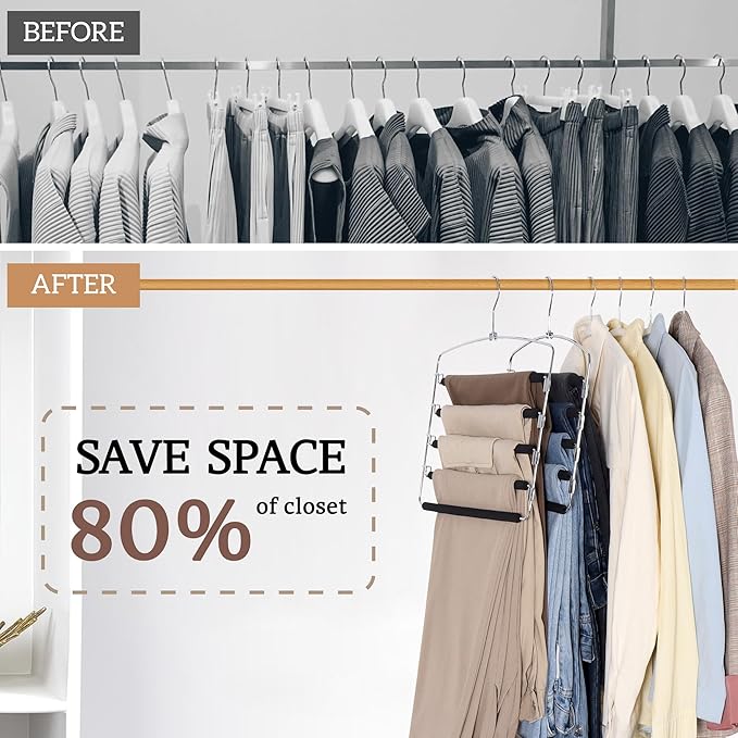 SINDAX Pants Hangers Space Saving - 6Pack, 5 Layers Space Saving Hangers, Sturdy Stainless Steel Pant Rack with Anti-Slip Swing Arm, Closet Organizers and Storage for Trousers Jeans