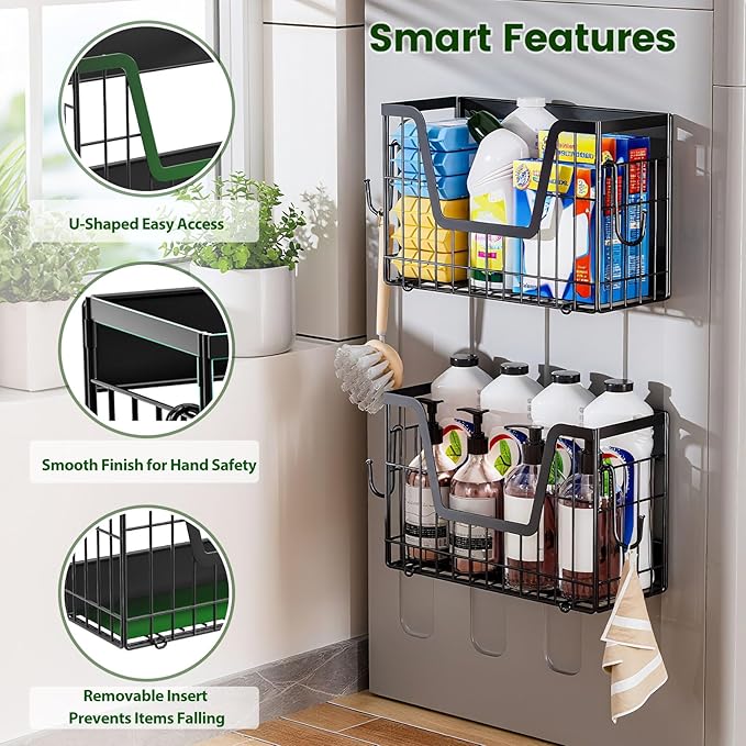 2 Pack Heavy Duty No Assembly Magnetic Basket, Large Capacity Collapsible Black Metal Wire Magnetic Shelf for Fridge Fruit Potato, Magnetic Laundry Organizer with S Hooks