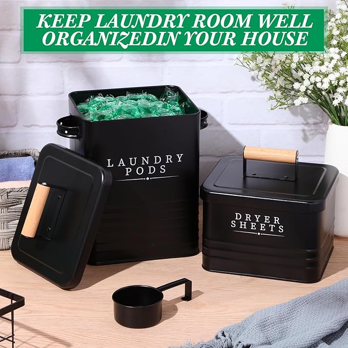 2 Pcs Laundry Pod Container with Dryer Sheet Holder Farmhouse Laundry Room Decor Organization and Storage Detergent Container Box with Lid Handle Metal Dryer Sheet Dispenser(Black)