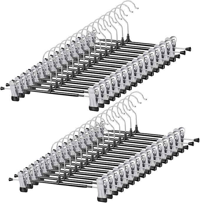 30 Pack Pants Hangers with Clips, 12 Inch Adjustable Skirt Hangers for Women, Black Metal Non-Slip Toursers Skirt Hanger Heavy Duty Space Saving Clothes Hanger for Shorts Jeans Coat