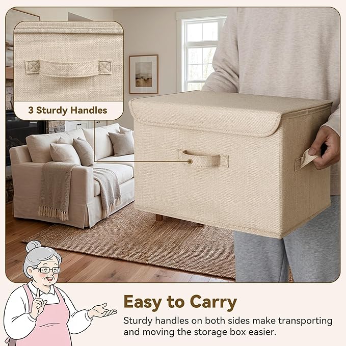 GRANNY SAYS Stoarge Basket with Lid, Decorative Storage Boxes, Closet Storage Bins for Clothes, Collapsible Stackable Organization, Ivory White&Khaki, 2-Pack