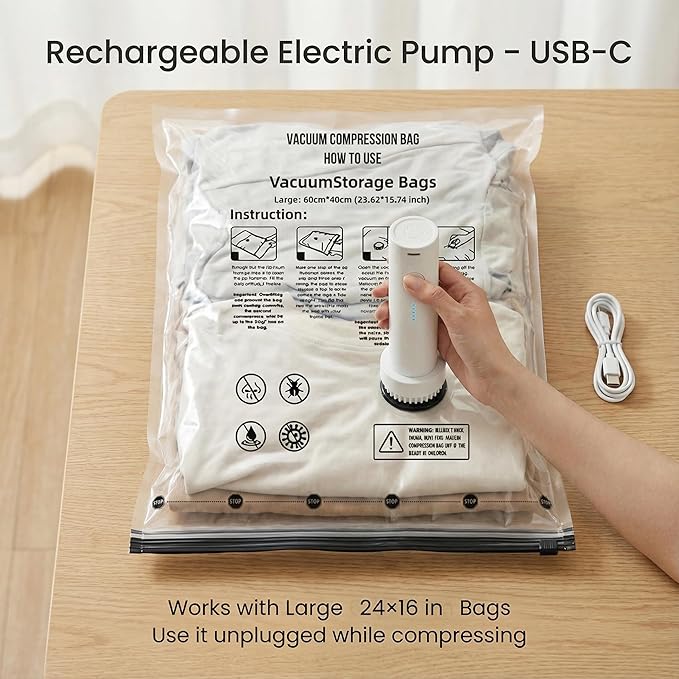 Vacuum Seal Bags for Clothing: 9 Pack Large Travel Vacuum Bags for Luggage with Rechargeable Electric Pump - Space Saver for Carry-On Packing