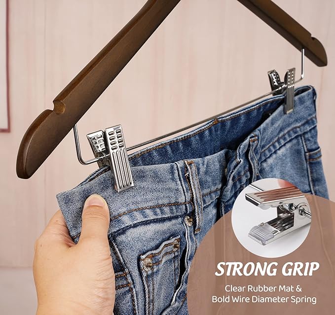Wooden Clothes Hangers with Clips, 16Pack Wood Skirt Hangers with Clips, High-Grade Selected Walnut Wood Hangers with Sturdy Metal Clips for Pants, Suit, Heavy Winter Coat, Jacket, Formal Dress
