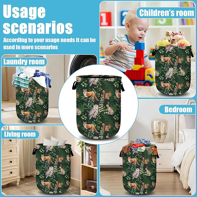 Watercolor Fox Hare Owl Squirrel Laundry Basket, Forest Animals Plants Laundry Hamper Collapsible Oxford Cloth with Handle Clothes Toy Storage Bin for Bathroom Laundry Room Bedroom 15.7 X 20 Inch