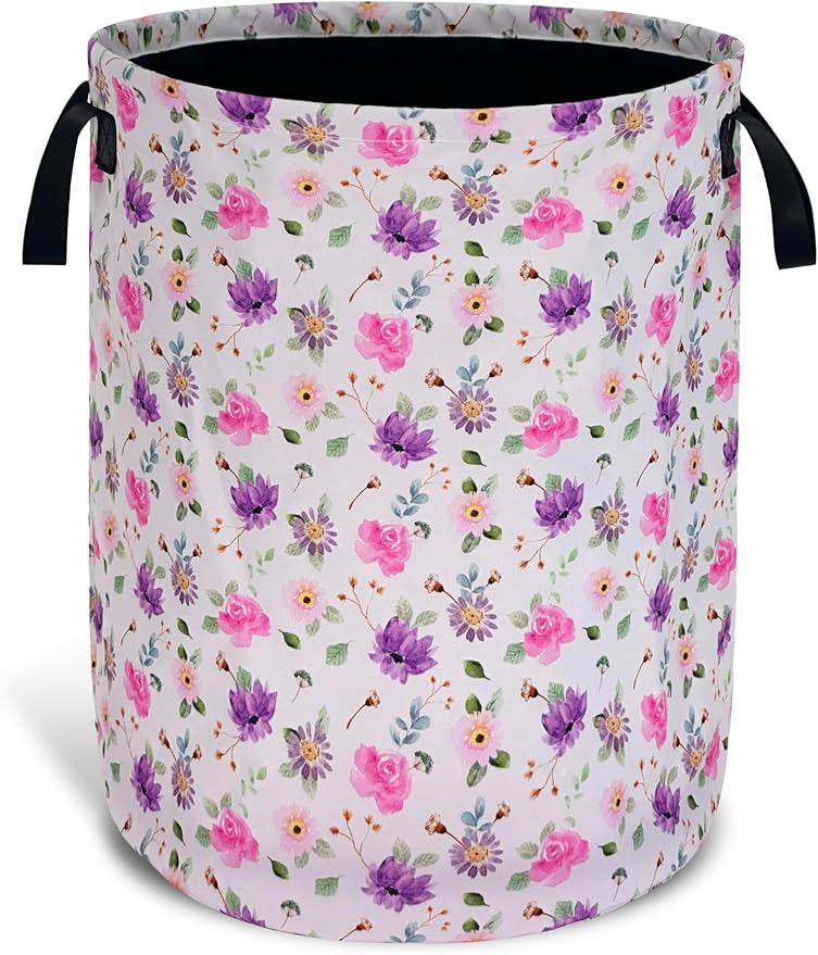 Pink Purple Flowers Laundry Basket Foldable Oxford Cloth With Handle Portable Colorful Storage Basket Organizer Suitable For Laundry Room/Bedroom/Living Room/Children'S Room (18.9 X 16.5 Inch)