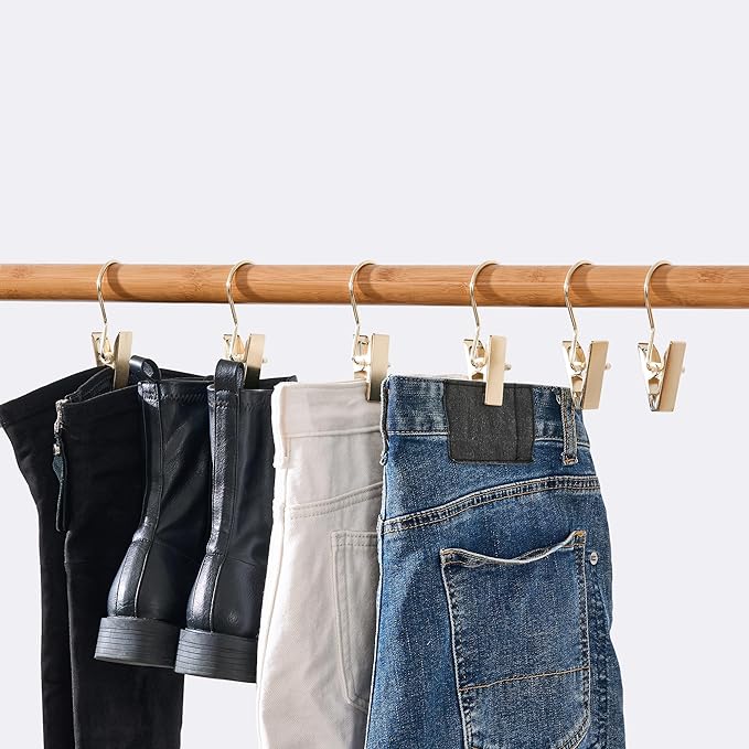 BEWISHOME 50 PCS Boot Hangers for Closet, Laundry Hooks with Clips,Heavy Duty Boot Clips for Haning,Space Saving Portable Travel Clothes Pins, Jeans, Socks, Towel, Gold FYC50G