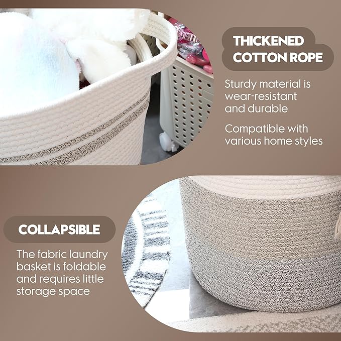 Sea Team Large Size Cotton Rope Woven Storage Basket with Handles, Laundry Hamper, Fabric Bucket, Drum, Clothes Blankets Organizer for Kid's Room, 18 x 20 inches, Round Open Design, White & Khaki