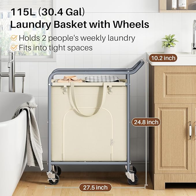 Laundry Basket with Wheels,150L Large Rolling Laundry Hamper, Heavy-Duty Laundry Cart Sturdy Metal Frame with Handle, Minimizes Bending Easy Access Clothing for Bedroom, Bathroom, Laundry Room (Beige)