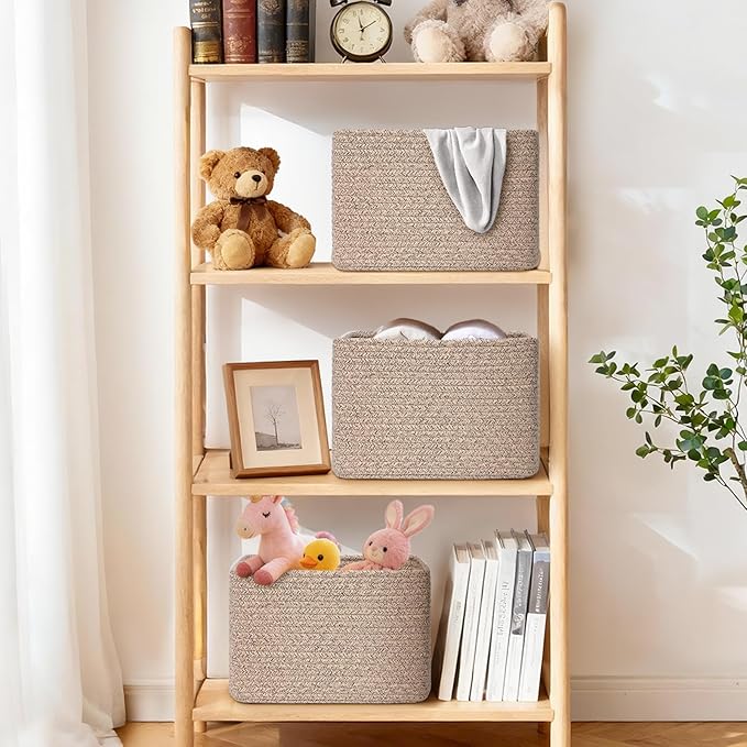 Storage Baskets for Organizing, 4 Pack Baskets for Shelves, Decorative Storage Bins for Shelves, Cotton Rope Storage Basket with Handles, Woven Basket for Storage, 13''Lx8.7''Wx7.9''H, Brown