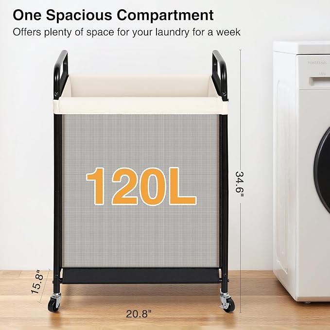STO STO 120L Large Laundry Hamper with Wheels, Rolling Laundry Basket Cart with Removable Canvas Liner Bag, Lockable Wheels, Metal Frame, Dirty Clothes Hamper for Bedroom, Bathroom, Laundry Room