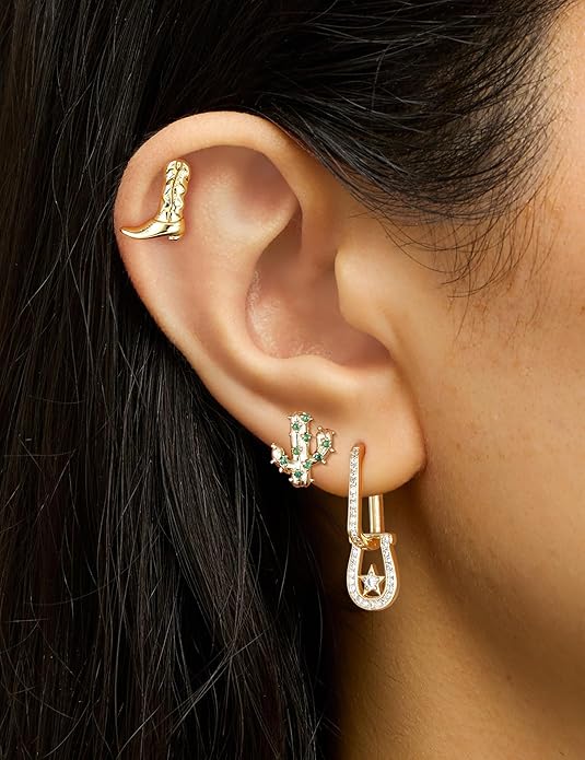 Mameloly Cowgirl Earrings for Women CZ 14K Gold Plated Western Cowboy Hat Dangle Hoop Earrings Cute Jewelry Hypoallergenic