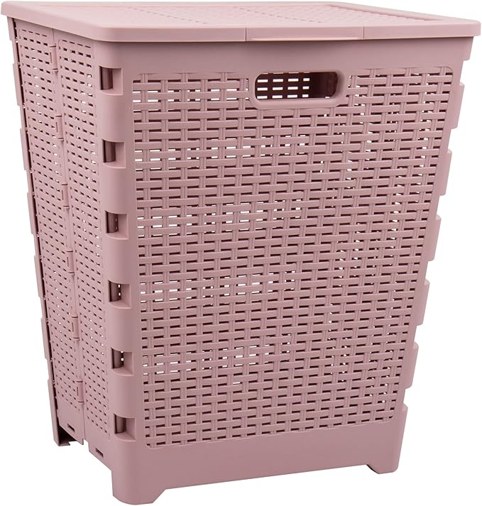 Mind Reader 61L Foldable Laundry Hamper, Clothes Basket, Lid, Wicker Design, Plastic, 18"L x 14.5"W x 21.25"H, Pink