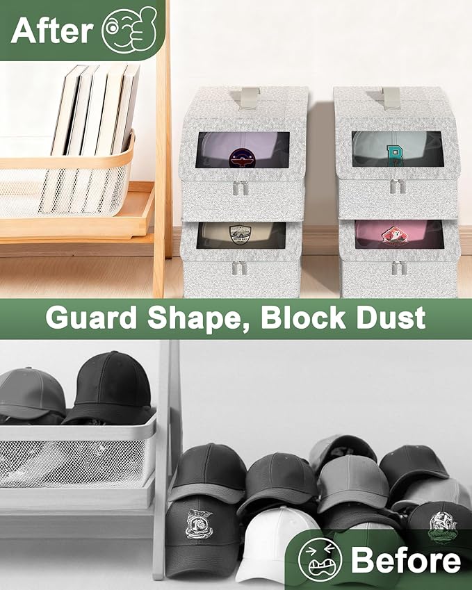 Hat Organzier for Baseball Caps - 2 PCS Stackable Hat Storage Holder Holds up to 26 Caps for Closet, Dust-Proof Hat Boxes Container with Clear Window for Home