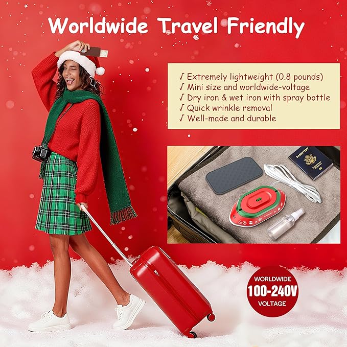 Newbealer Travel Iron, Global Voltage 100-240V, 302℉ Mini Dry Iron for Clothes (No Steam), Max 300W, 60s Heat Up, 0.8lb Lightweight Gift (Classic Red with Hard Case)