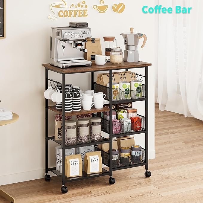 HapiRm Rolling Kitchen Carts with Storage - Microwave Table Stand with 6 Hooks & 3 Baskets, kitchen Island Cart on Lockable Wheels, 28.3" L × 14.6" W Bakers Rack Cart for Dining Room Coffee Bar Office