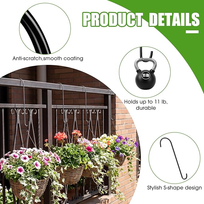 3 Pack 18 Inch S Hooks for Hanging Plants, Heavy Duty Metal Extension Hangers for Bird Feeders Wind Chimes Flower Baskets Black Vinyl Coated Rustproof Garden Hooks