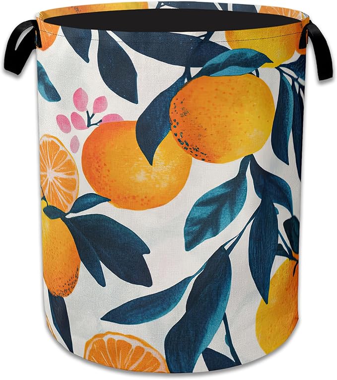 Lemon Floral Laundry Basket Collapsible Laundry Hamper with Handle, Oxford Clothes Toy Storage Bin for Bathroom Bedroom Room Decor 16" X 20.8"