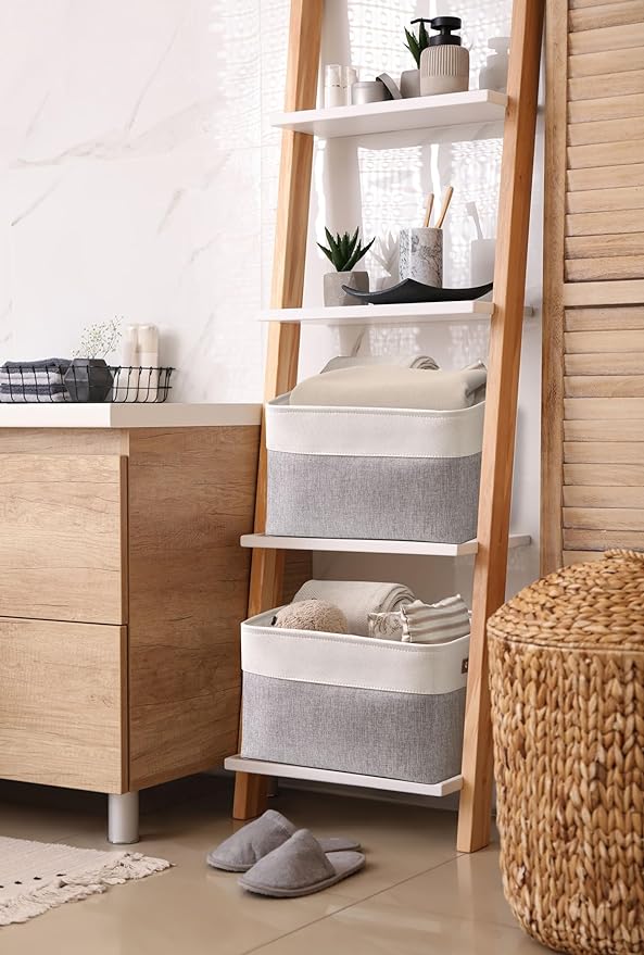 DECOMOMO Storage Baskets for Shelves - Fabric Storage Bins, Linen Closet Organizers and Storage (Grey & White, Large - 1 Pack)