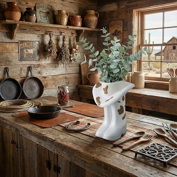 Brown Cowgirl Boot Vase Centerpiece Boot Shape Boxes Decorations West Cowgirl Home Decor Western Country Accent Vase Hat Planter for Modern Aesthetic Room Wedding Decor