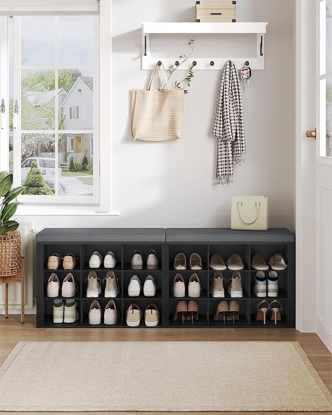 Shoe Storage Bench with Cushion, Entryway Storage Bench with 18 Cubbies, 9.5" Widened Organizer Cabinet, Long Cubby Rack for Living Room, Bedroom, Entryway, Black SB25704GY