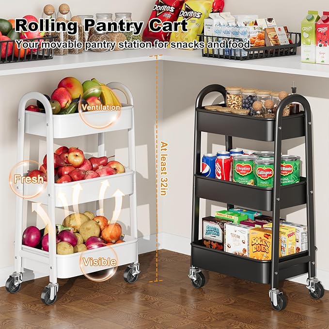 3 Tier Rolling Cart with Wheels for Pantry Organizers and Storage, Metal Utility Kitchen Cart for Fruit and Vegetable Storage, Snack Carts for Kitchen Organization, Art, Craft, Bathroom, Lash, White