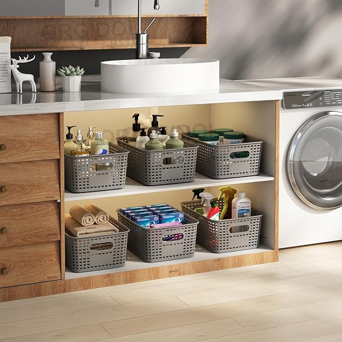 Plastic Storage Basket with Lids 10 Pack Stackable Storage Bins Containers with Lid, Decorative Storage Boxes for Organizing Shelves, Drawers, Playroom, Classroom, Office, Closet, Grey
