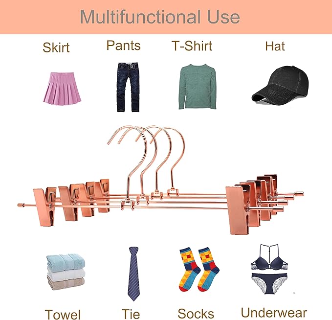 13.7" Rose Gold Copper Pants Hangers with Clips of Strong Non-Slip Skirt Hangers, Space Saving Hangers -Adjustable Clips for Slacks, Jeans, Clothes,Pants -10 Pack