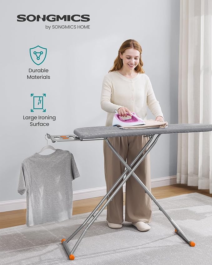 SONGMICS Ironing Board, Retractable Iron Rest, Foldable Iron Board, 43 x 13 Inches, Space-Saving, Height Adjustable, Padded with Cover, Hook, Dove Gray ULLB003GD02S