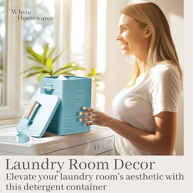 WHOLE HOUSEWARES Laundry Powder Container with Scoop for Detergent Powder - Laundry Detergent Container - Easy-to-Use Dispenser, Ideal for Laundry Room Storage - 9in x 7in x 6in - Mint