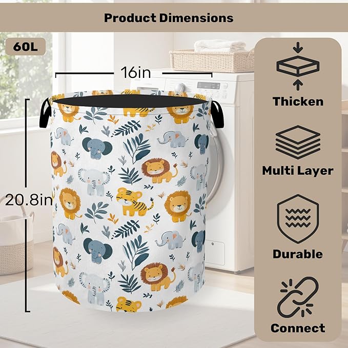 Cute Wood Animals Foldable Canvas Laundry Basket with Handles - Toy Organizer, Heavy Duty for Home，Bedroom, Dorm, Bathroom