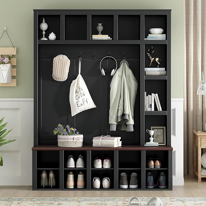 Farmhouse Entryway Bench with Coat Rack, Wooden Hall Tree with 6 Hooks, Walnut Storage Bench with Adjustable Shelves, 4-in-1 Entryway Shoe Cabinet with 13 Cubbies for Mudroom
