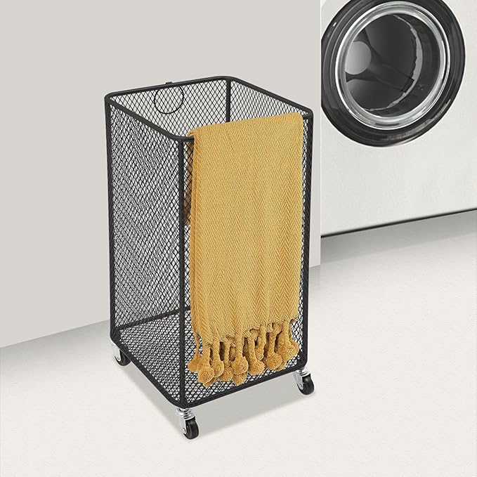Laundry Basket on Wheels, Large Rolling Laundry Hampers, Stackable Storage Cart with Handles Removable Wire Organizer Baskets Clothing Sorting Rack (Black, Square)