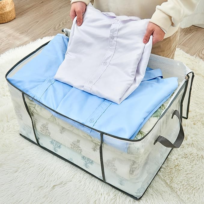 80L Clear Large Storage Bag, Clothes Storage Containers for Organizing Closet, Bedroom, Underbed, Comforters, Clothing, Blankets, Pillow, Foldable Organizer with Sturdy Handle and Zippers (3)