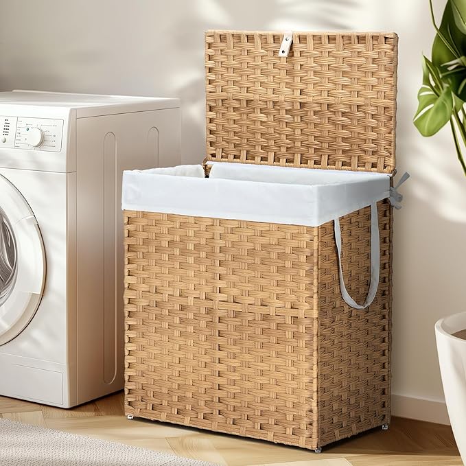 110L Laundry Hamper with Lid, Hand-Woven Pp Rattan Laundry Basket with Compartments & Handles, Removable Liner Bags,Foldable, Narrow Dirty Clothes Basket, Yellow