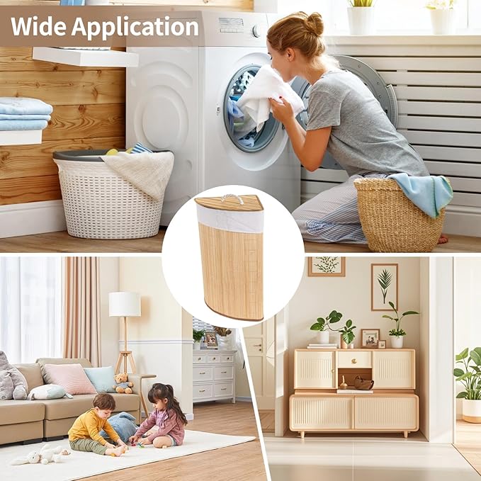 Corner Laundry Hamper with Lid, Foldable Triangle Clothes Hamper, Natural Wood Weave Laundry Basket Bin for Bedroom Bathroom Laundry Room, 25 x 18 in