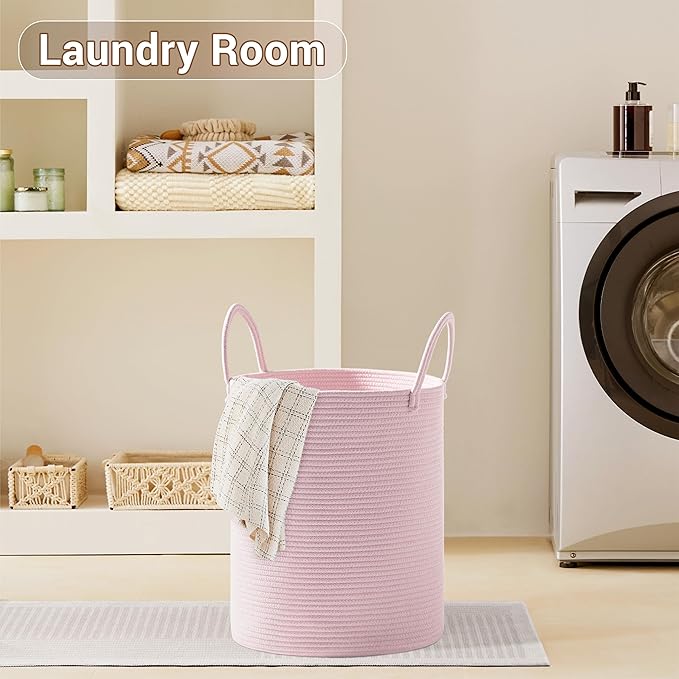 Girls' Tall Laundry Basket with Handles, 72L Portable Dirty Clothes Hamper, Boho Cotton Rope Storage Bin for Blankets Kids Toys Gifts, Decorative Organizer for Nursery Bedroom Bathroom, Pink