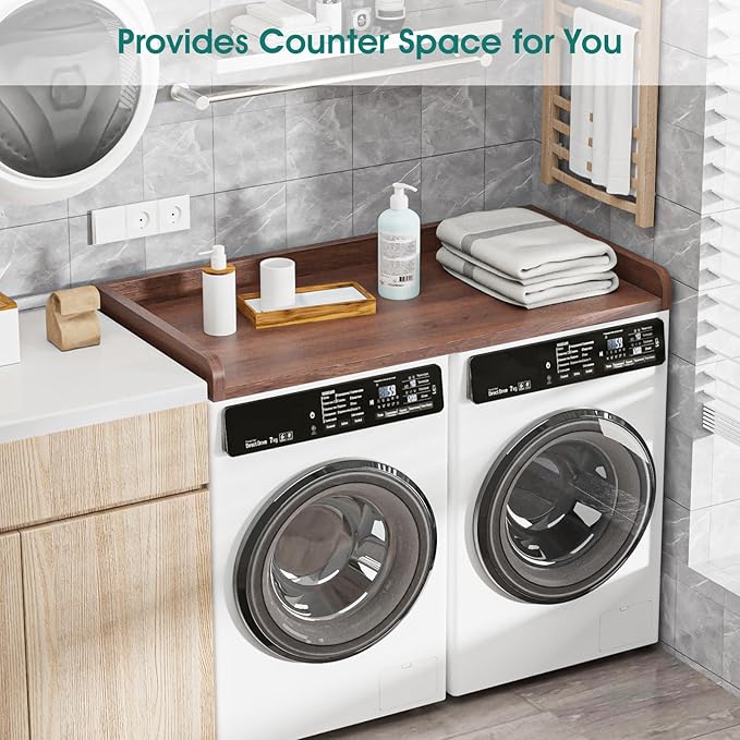 Washer Dryer Countertop, 27.5" Depth x 54" Width, Washer Dryer Wood Top for Laundry Room Organization, Melamine Countertop with Edge Rails