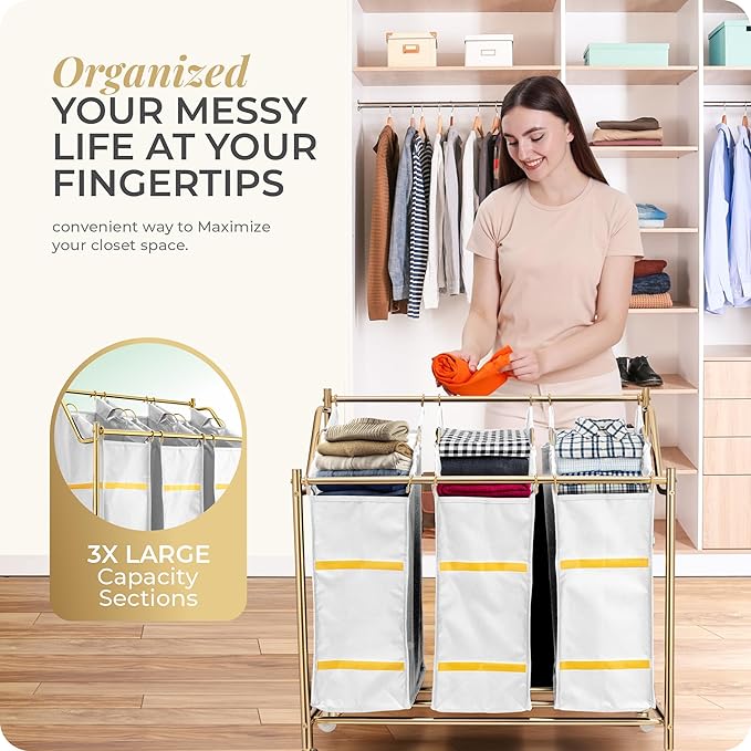 LUXURY STYLE 3- Sections Laundry Sorter, Roling Laundry Cart, Modern Golden Hamper, 3-Bags Organizer with Wheels, Laundry Basket, XL Hamper for Clothes, Toys, and Towels (Classic White)