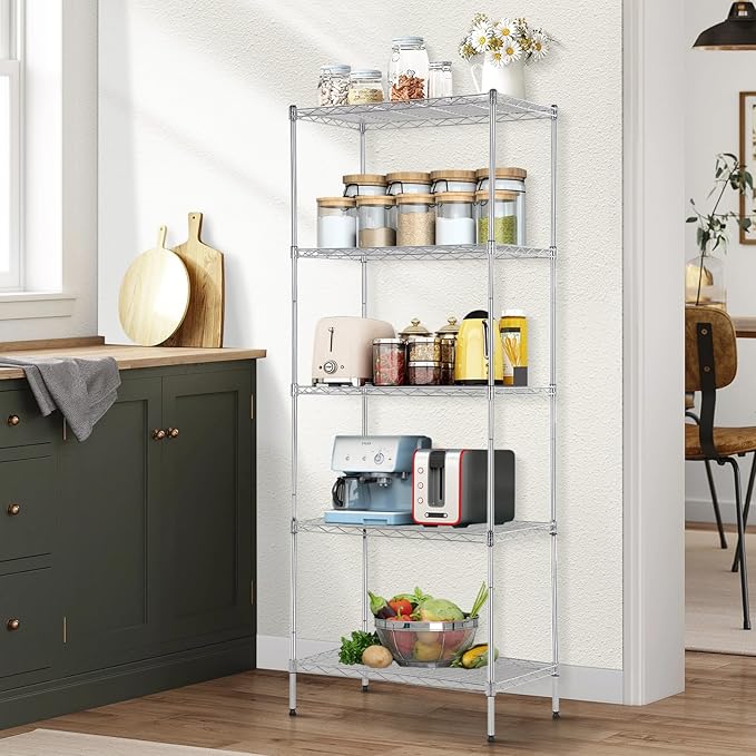 Storage Shelves Heavy Duty Metal Shelving Unit with Leveling Feet, 5 Tier Adjustable Garage Storage Rack, 750 LBS, Utility Metal Shelves for Pantry Kitchen Office (Chrome, 24" L x 14" W x60" H)